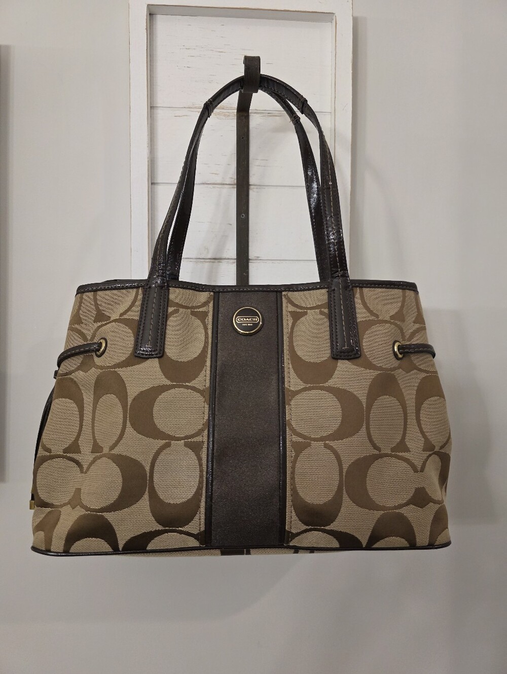 Coach Signature Stripe Carryall F21949 Tan And Brown Gold Hardware